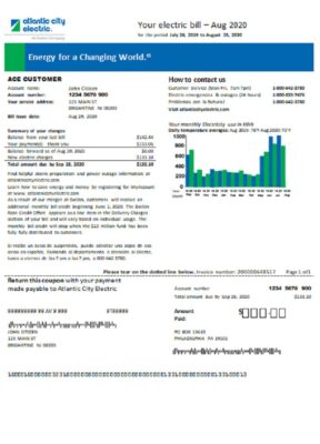 USA Delaware Atlantic City Electric electricity utility bill template in Word and PDF (.doc and .pdf) format