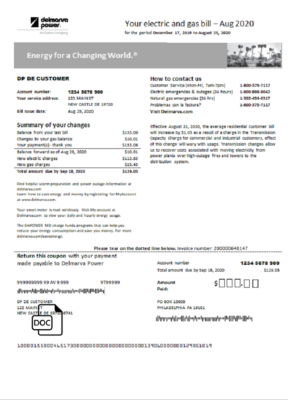 USA Delaware & Maryland Delmarva Power electric and gas utility bill template in Word and PDF format