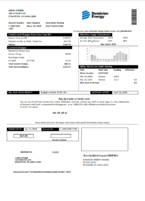 USA Dominion Energy utility bill template in Word and PDF format