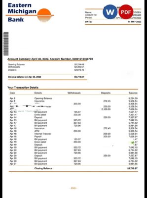 USA Eastern Michigan bank account statement Word and PDF template