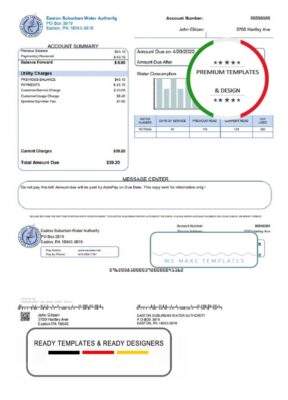 USA Eastern Suburban Water Authority utility bill template in Word and PDF format