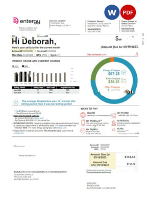 USA ENTERGY utility bill Word and PDF template