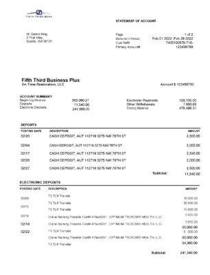 USA Fifth Third Bank Account Statement Template in Word & PDF formats – 2 pages