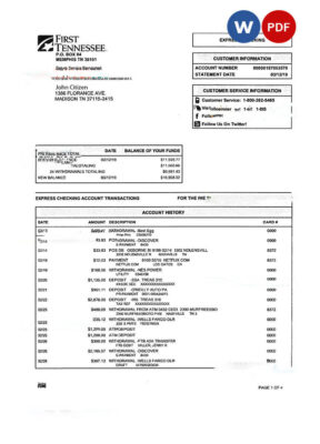 USA FIRST TENNESSEE bank statement Word and PDF template