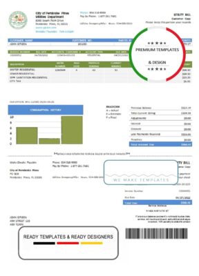 USA Florida City of Pembroke Pines Utilities Department utility bill template in Word and PDF format