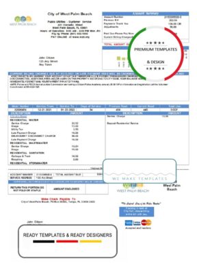 USA Florida City of West Palm Beach utility bill template in Word and PDF format