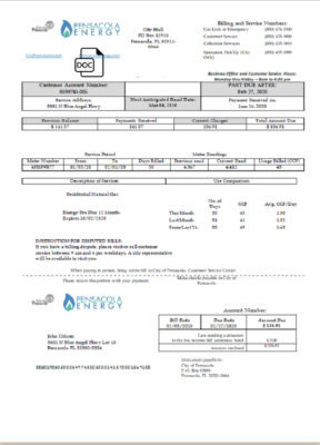 USA Florida Pensacola Energy utility bill template in Word and PDF format