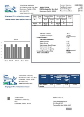 USA Florida Toho Water Authority utility bill template in Word and PDF format