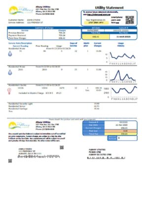 USA Georgia City of Albany water and electricity utility bill template in Word and PDF format