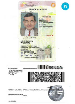 USA Georgia state vertical driving license editable PSD template, under 21, 2017-2019