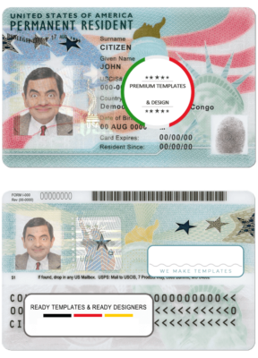 USA green card, permanent resident card template in PSD format, fully editable (2020-present)