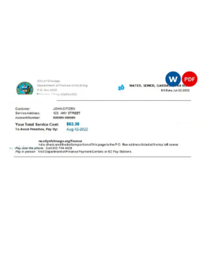 USA Illinois Chicago water, sewer, garbage, tax bill Word and PDF template