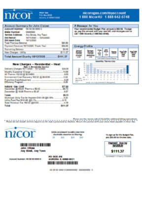 USA Illinois Nicor gas utility bill template in Word and PDF format