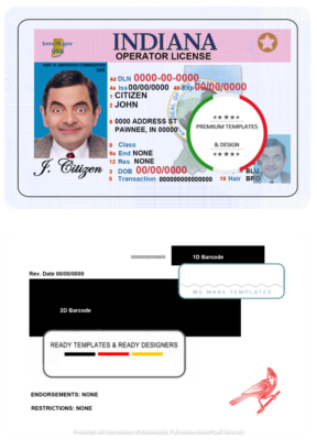 USA Indiana driving (operator) license template in PSD format