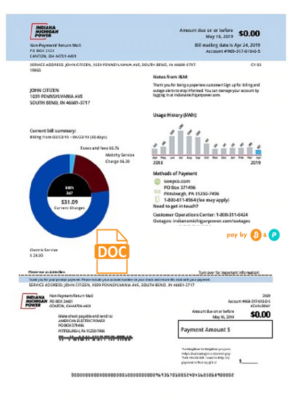 USA Indiana electricity utility bill template in Word and PDF format (.doc and .pdf)