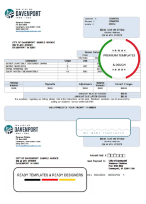 USA Iowa City of Davenport utility bill template in Word and PDF format