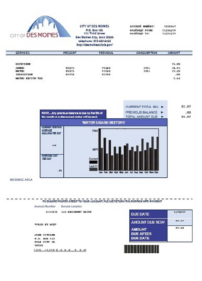 USA Iowa City of Des Moines water utility bill template in Word and PDF format