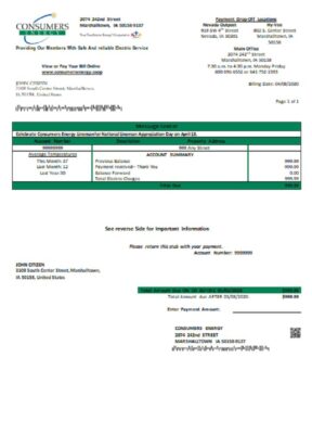 USA Iowa Consumers Energy utility bill template in Word and PDF format