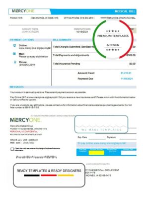 USA Iowa MercyOne medical bill template in Word and PDF format