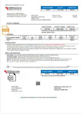 USA Iowa MidAmerican Energy Services utility bill template in Word and PDF format