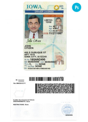 USA Iowa state vertical driving license editable PSD template, under 21