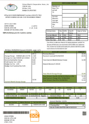 USA Kansas Victory Electric utility bill template in Word and PDF format