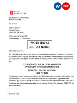 USA Lancaster Water service utility bill shutoff notice Word and PDF template