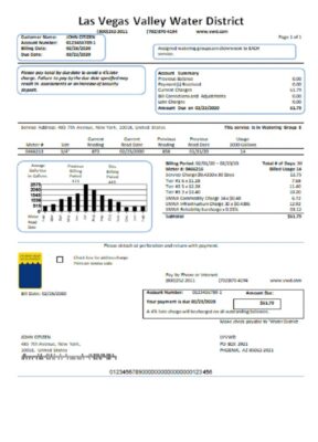 USA Las Vegas Valley Water District (LVVWD) utility bill template in Word and PDF format