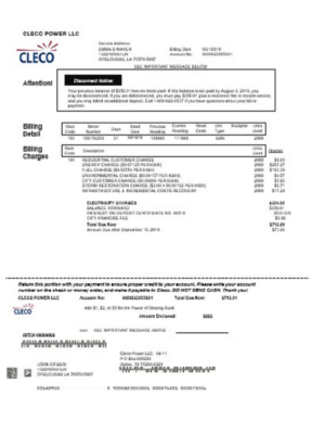 USA Louisiana Cleco Power electricity utility bill template in Word and PDF format