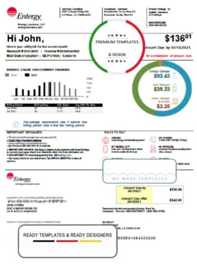 USA Louisiana Entergy utility bill template in Word and PDF format, version 2