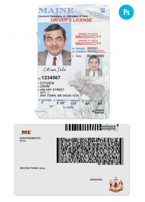 USA Maine state vertical driving license editable PSD template, under 21