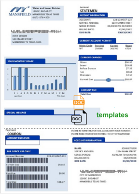 USA Mansfield Texas utility bill template in Word and PDF format (.doc and .pdf)