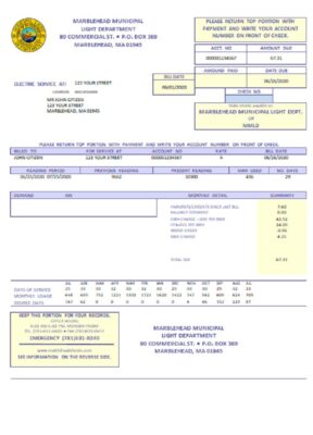 USA Marblehead Municipal Light Department utility bill template in Word and PDF format