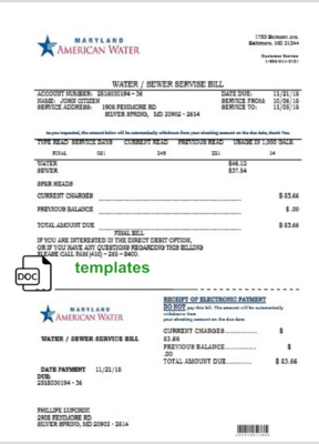 USA Maryland American water utility bill template in Word and PDF format