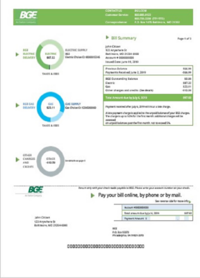 USA Maryland Baltimore Gas and Electric (BGE) utility bill template in Word and PDF format