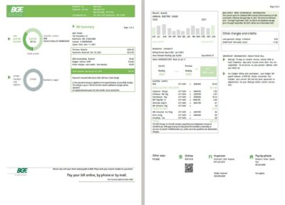 USA Maryland Baltimore Gas and Electric (BGE) utility bill template in Word and PDF format (2 pages)