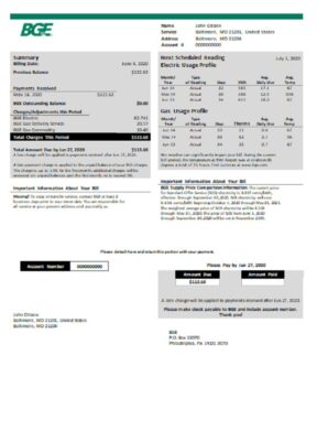 USA Maryland BGE gas and electric utility bill template in Word and PDF format