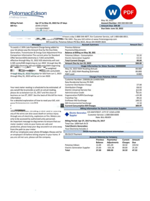 USA Maryland Potomac Edison utility bill, Word and PDF template, 2 pages