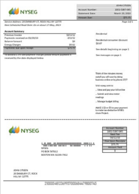 USA Massachusetts Boston NYSEG electricity utility bill template in Word and PDF format