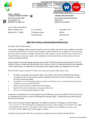 USA Massachusetts Chelsea The United Illuminating Company utility bill shutoff notice, Word and PDF template