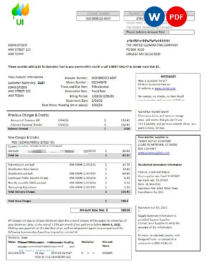 USA Massachusetts Chelsea UI The United Illuminating Company utility bill Word and PDF template