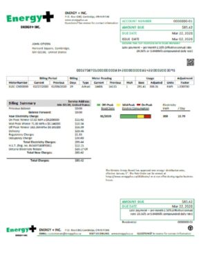 USA Massachusetts Energy Plus electricity utility bill template in Word and PDF format