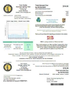 USA Massachusetts Town of Rowley Municipal Lighting Plant electricity utility bill template in Word and PDF format