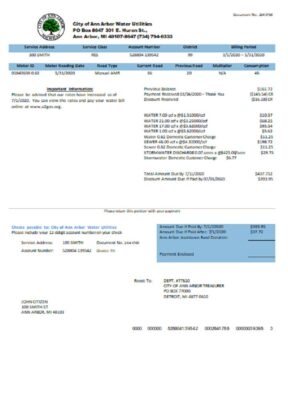 USA Michigan City of Ann Arbor Water Utilities bill template in Word and PDF format