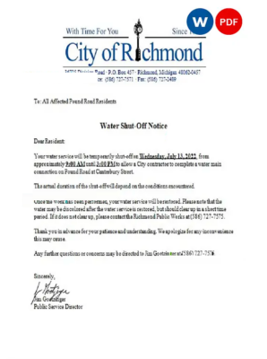 USA Michigan City of Richmond water utility bill shut off notice, Word and PDF template