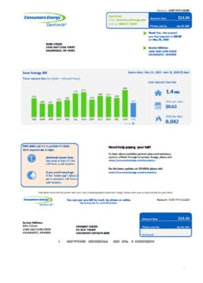 USA Michigan Consumers Energy utility bill template in Word and PDF format