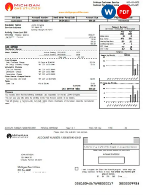 USA Michigan gas Utilities utility bill template in Word and PDF format