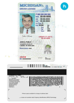 USA Michigan state vertical driving license editable PSD template, under 21