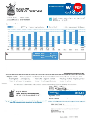 USA Michigan Water and Sewerage Department utility bill, Word and PDF template, 2 pages