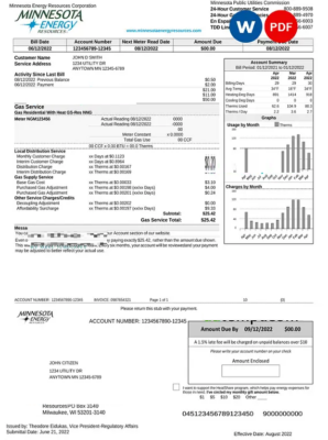 USA Minnesota Energy utility bill, Word and PDF template, 2 pages